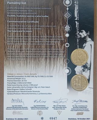 🇸🇰 Pamätný list k zlatej zberateľskej minci 100€ #euro - FUJARA, hudobný nástroj a jeho hudba #onlineshopping 👉...