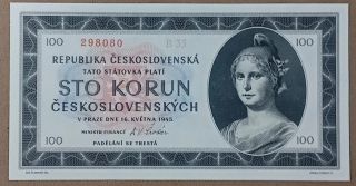 🇨🇿 Obehová štátovka v hodnote 100.korún, Česko-Slovensko 1945. Tlačiareň: TB NBČS Praha; Autor: Max Švábinský (hlava...